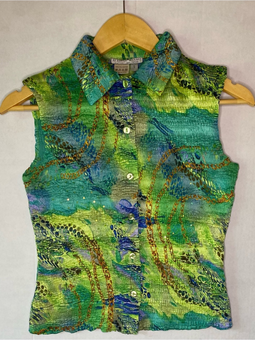 Alberto Makali Crinkle Sleeveless Button Front Top Green Blue Abstract Size S